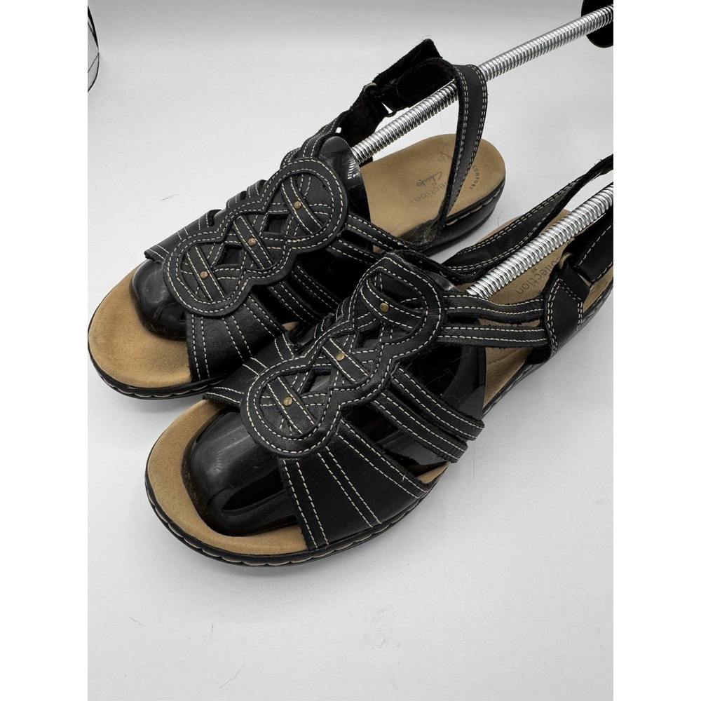 Clarks Sandals Womens 8 M Black Leather Leisa Strappy Comfort Adj Shoes SB17